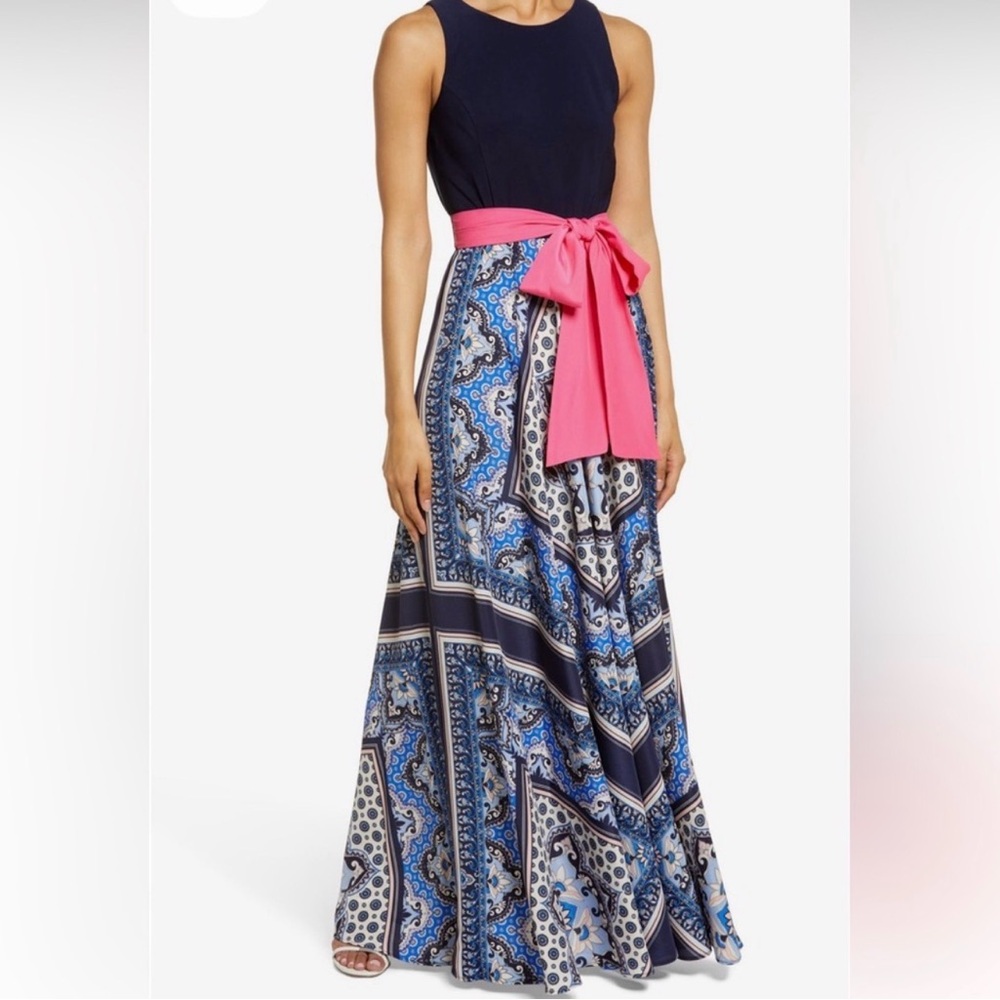 Eliza J Twofer Mixed Media Scarf Print Maxi Dress, size 4